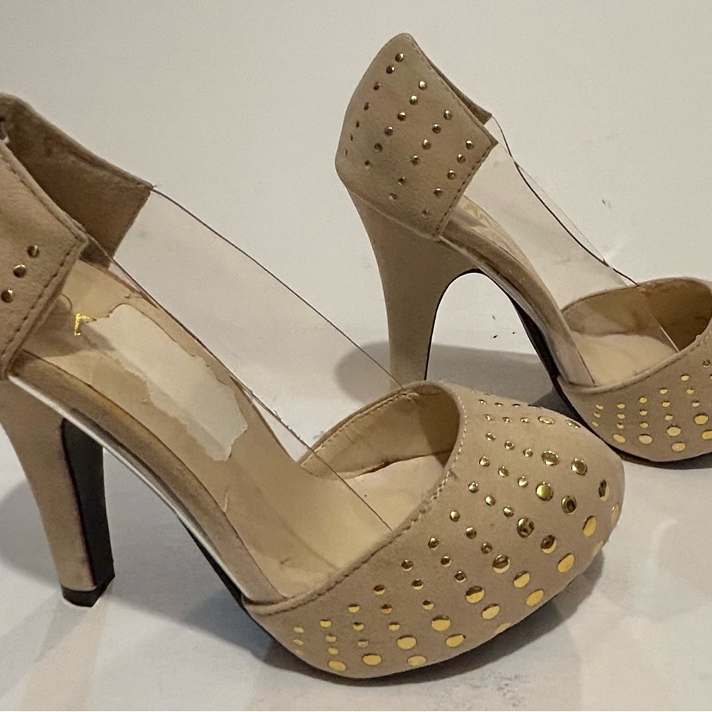 Mochi Faux Suede Studded Tan and Gold High Heels